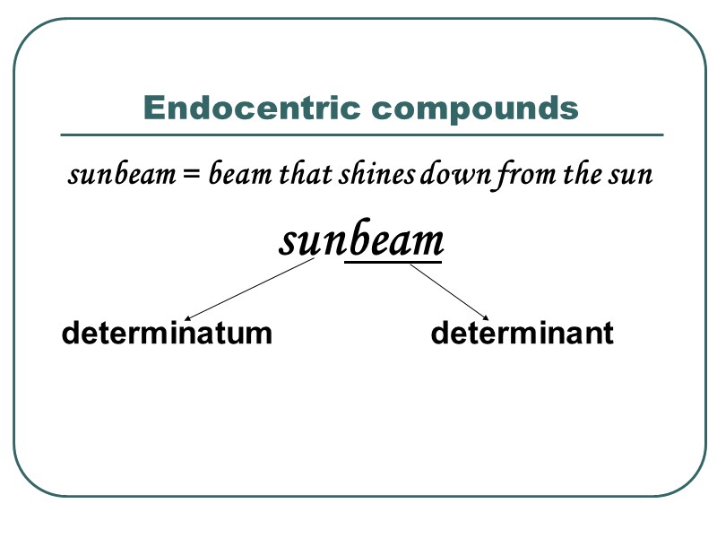 Endocentric compounds  sunbeam = beam that shines down from the sun sunbeam 